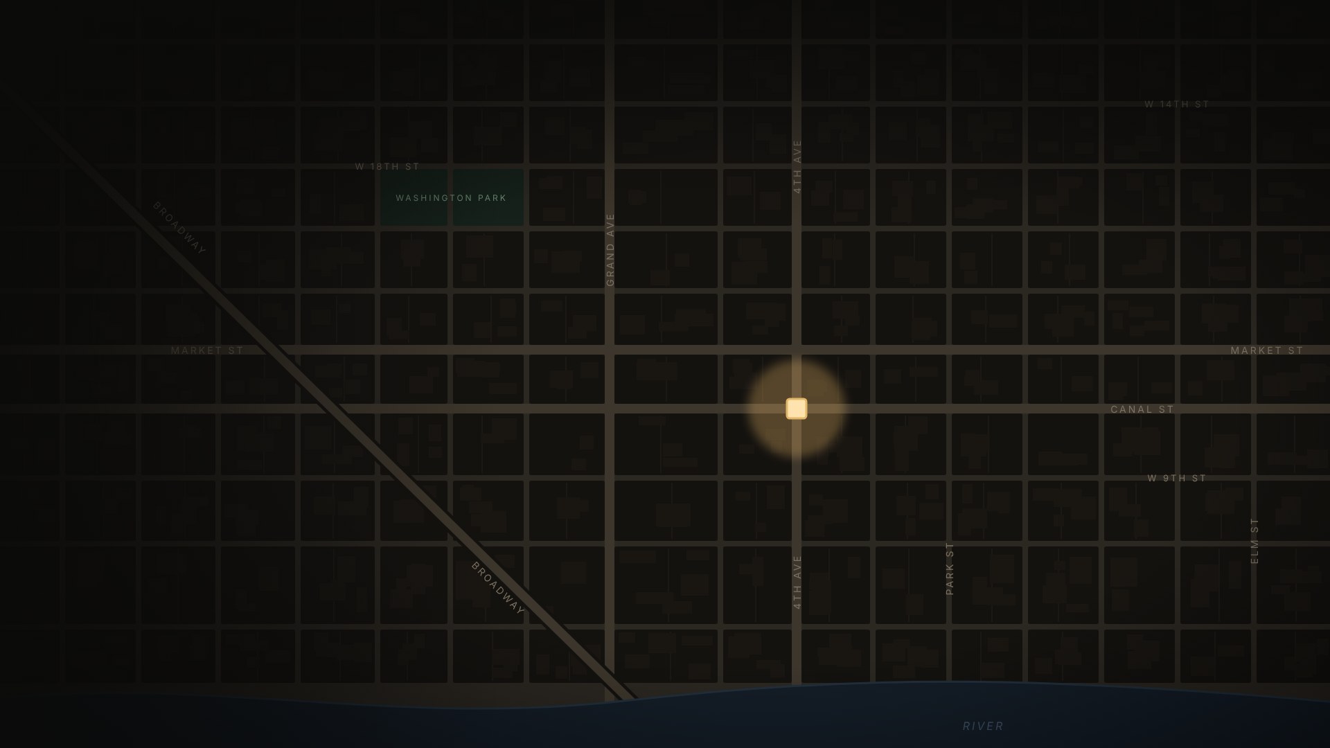 Dark street map of a city at night, five golden routes walking the streets to one corner bar