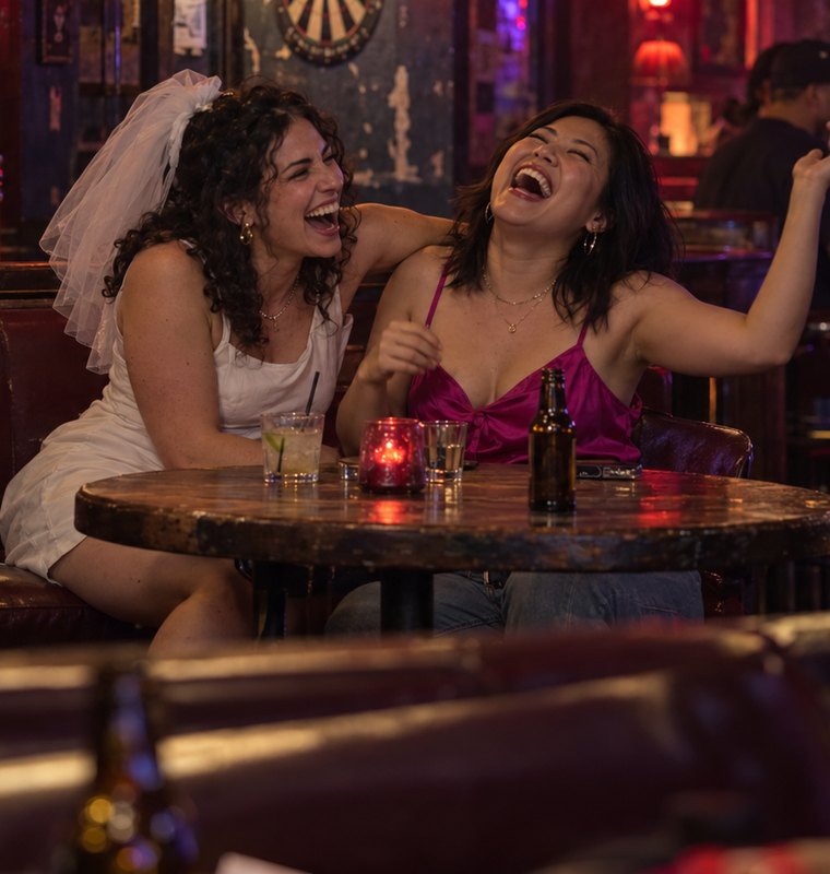A bride-to-be in a veil laughing with a friend in a dive bar booth