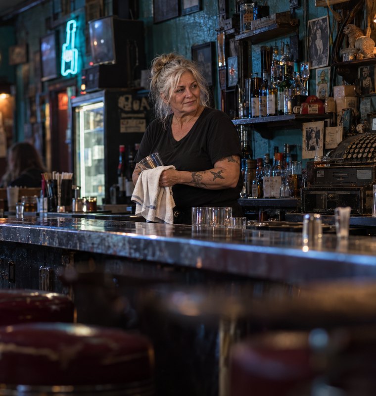 A tattooed bartender drying a glass behind a worn bar