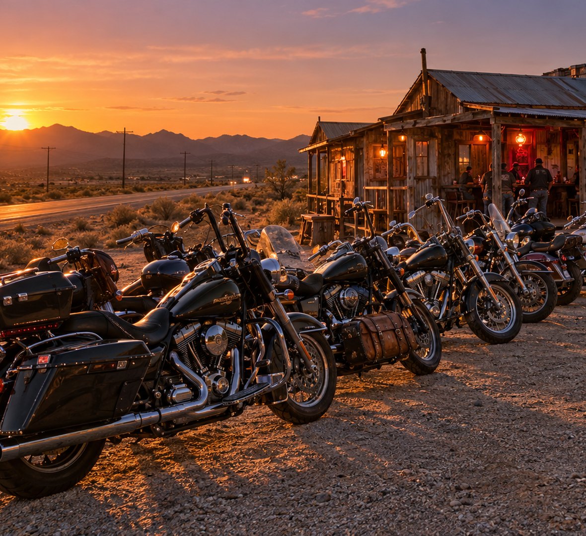 A long row of motorcycles parked outside a weathered desert roadhouse at sunset