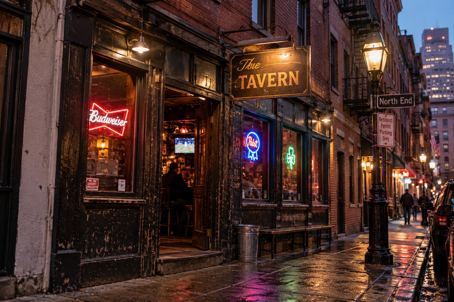 A tavern on a rainy evening in Boston's North End, neon beer signs glowing in its windows and a ballgame on the TV inside