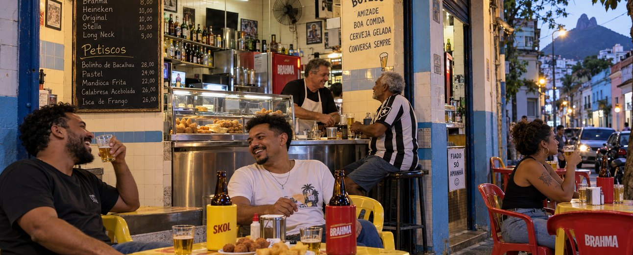 A boteco in Rio at dusk: friends at yellow plastic tables with beer bottles in koozies and fried snacks, the barman laughing behind the counter
