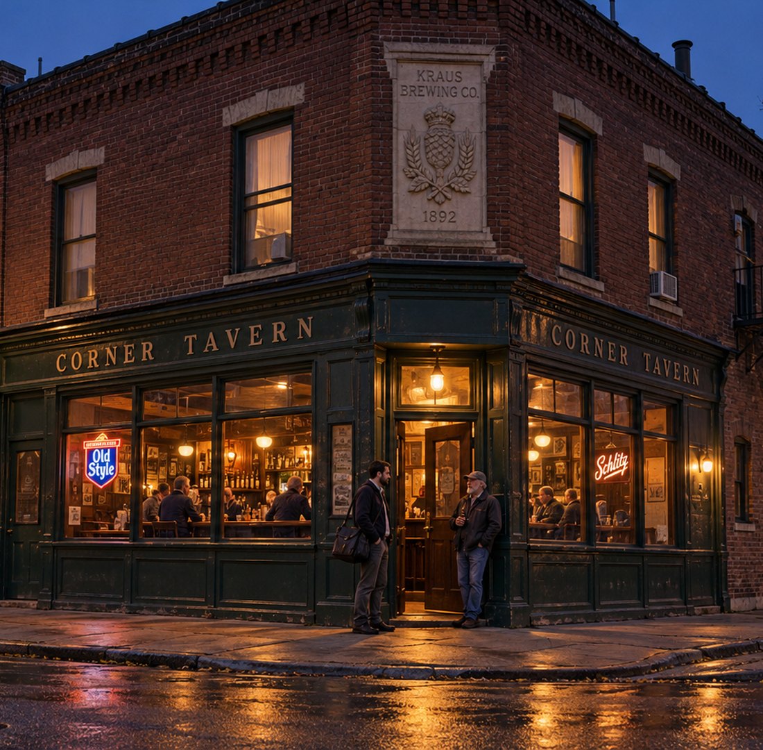 An old brick corner tavern at dusk on a rain-wet street, warm light in the windows and two men talking at the open door
