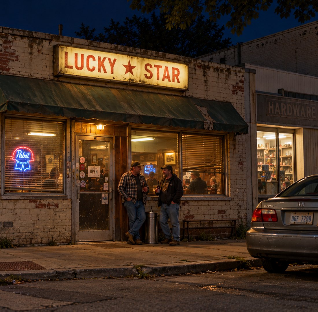 A weathered brick corner bar called Lucky Star at night, a Pabst neon in the window and two regulars talking by the door
