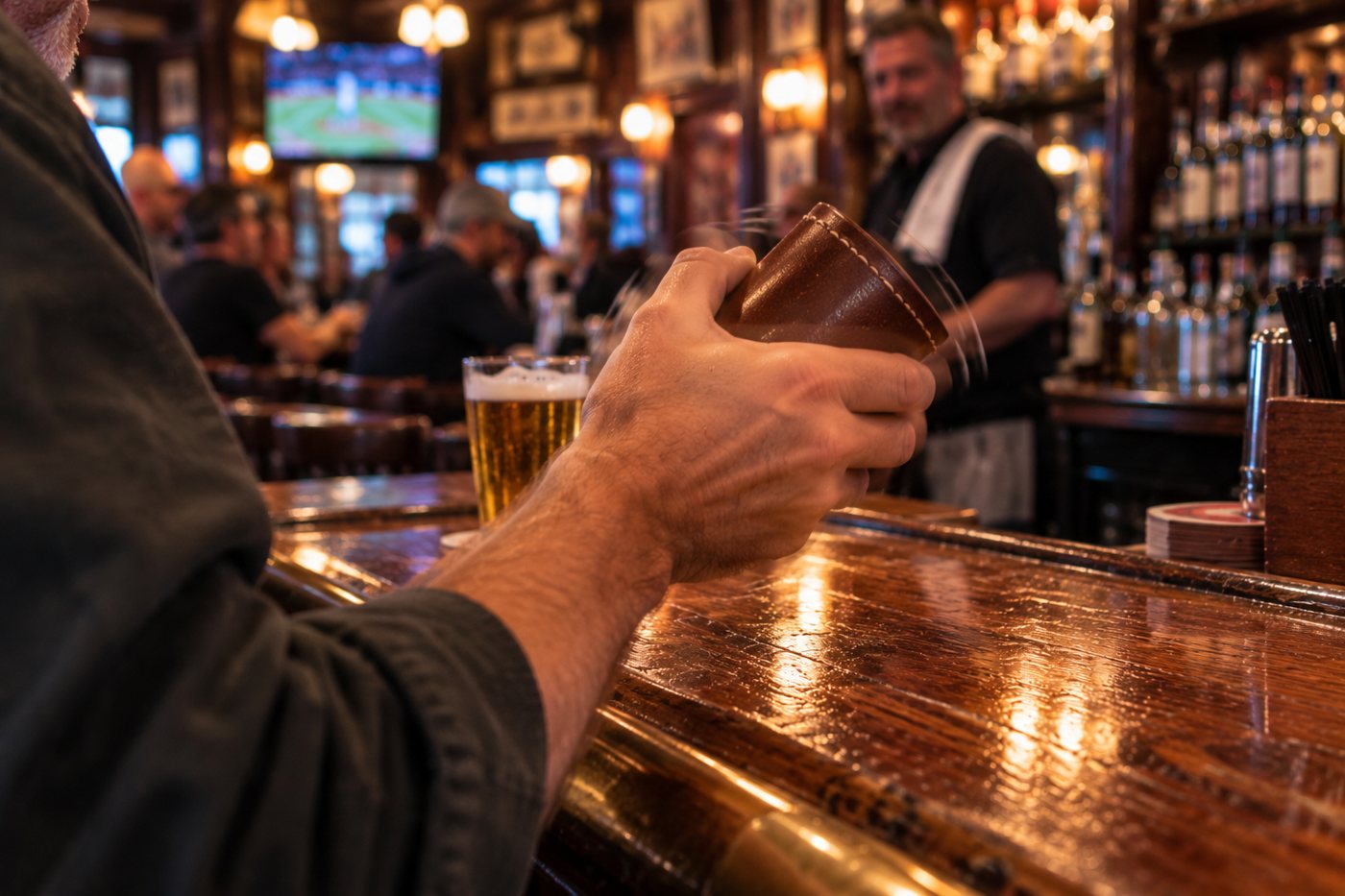 A regular shaking a leather dice cup at a polished wooden bar, a beer at his elbow and the bartender watching