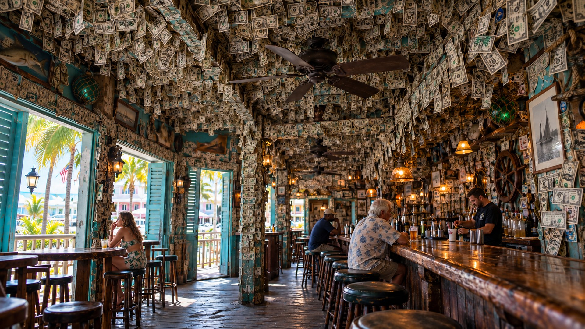 A coastal bar with every inch of its ceiling, walls and posts covered in dollar bills