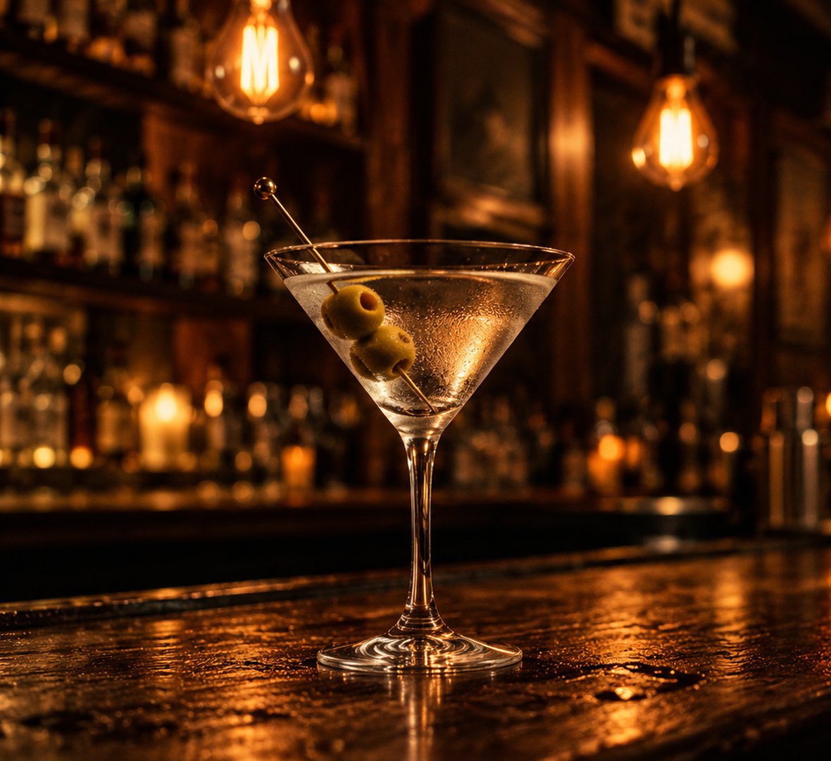 A perfect martini with two olives on a polished bar under Edison bulbs