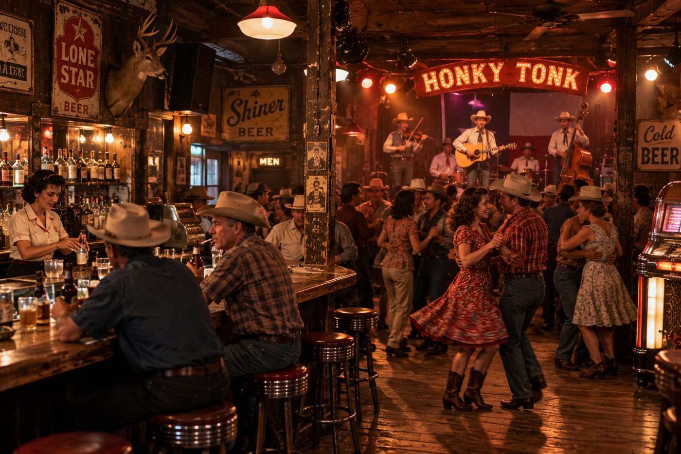 A packed honky-tonk: a country band under a lit sign, couples two-stepping, cowboys at the bar beneath Lone Star and Shiner signs