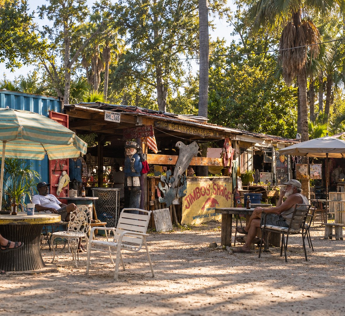 Jimbo's Place on Virginia Key, Miami: a sandy lot of shipping containers, hand-painted signs and mismatched chairs under the palms