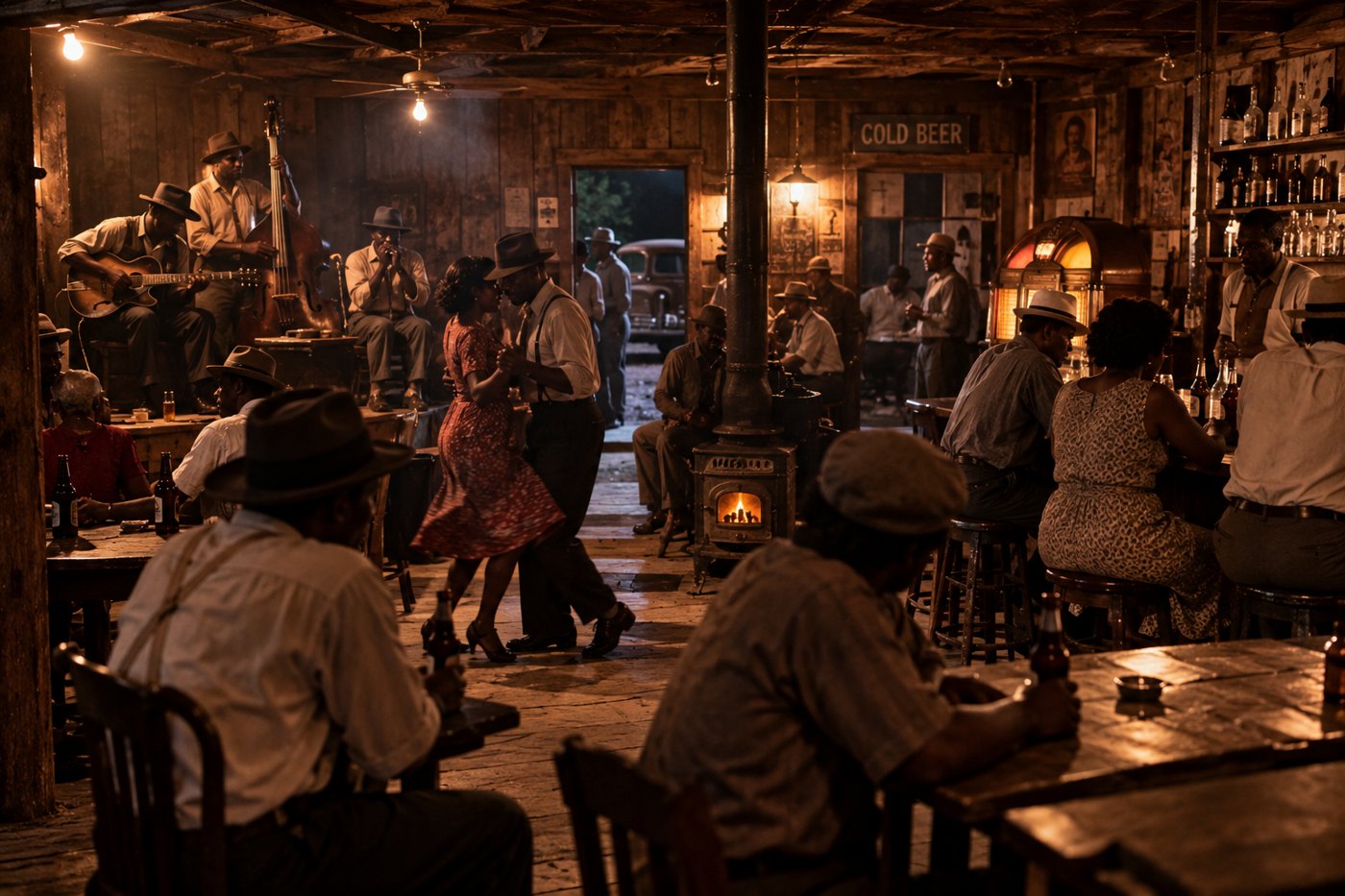 A crowded juke joint at night: a blues band by the wall, a couple dancing by the wood stove, a jukebox glowing at the back