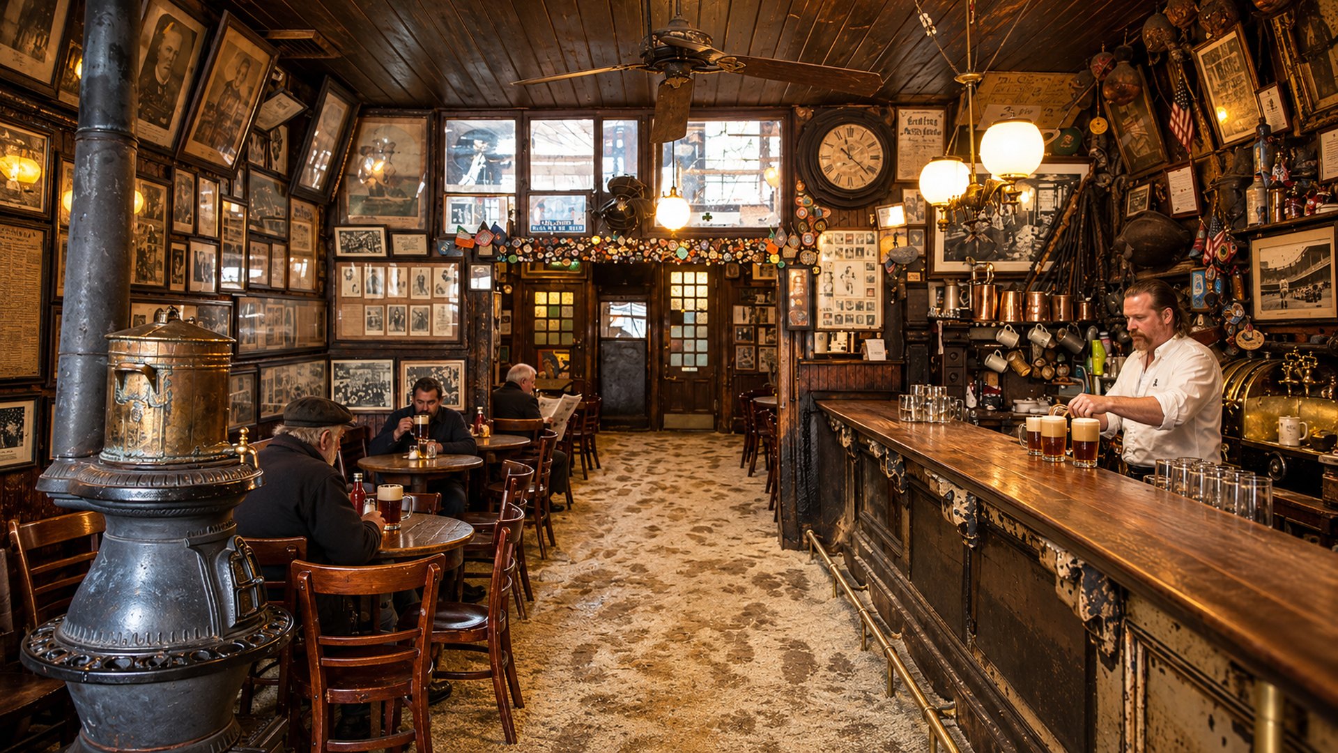 Inside McSorley's: a pot-bellied stove, sawdust on the floor, walls crowded with old photographs, and a bartender pouring dark and light ales
