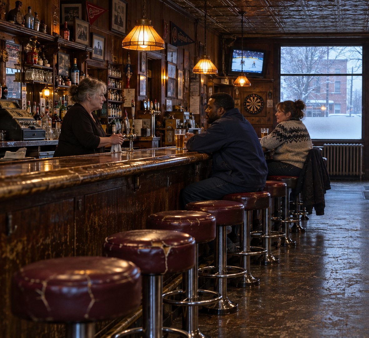 A long, worn neighborhood bar on a snowy afternoon: the bartender talking with two regulars, an older man alone at a table by the window