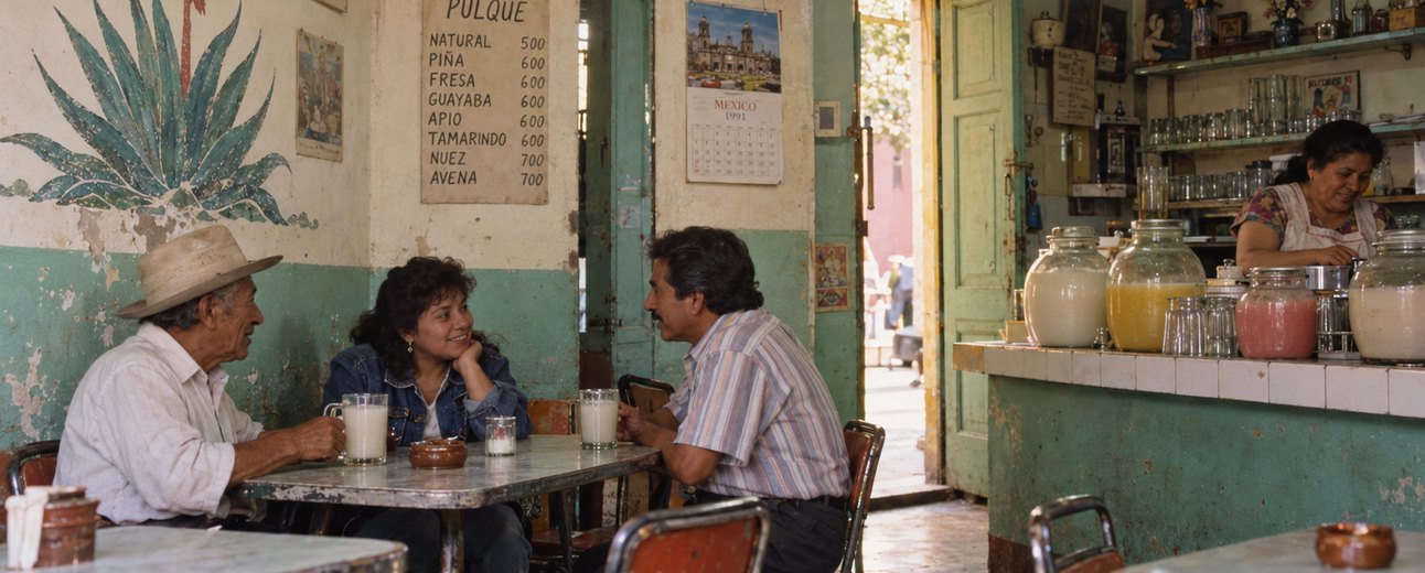 A pulquería in Mexico City: regulars sharing glasses of pulque at a metal table, a painted agave on the wall and the day's flavors on a hand-lettered sign