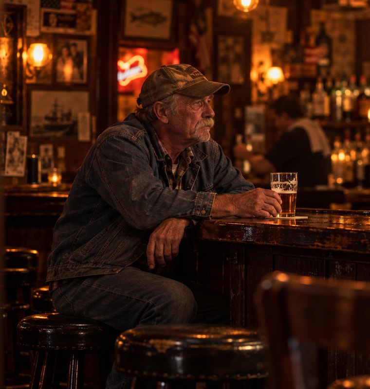 An older regular in a worn ball cap and denim jacket, alone at the bar with a beer