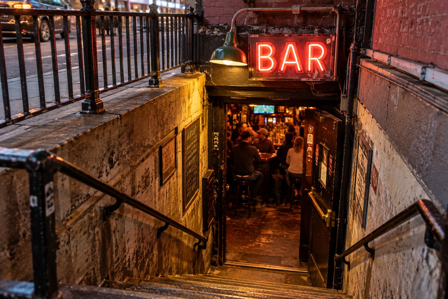 Wet concrete steps leading down from a city sidewalk to a basement bar door under a red neon BAR sign