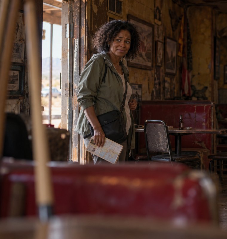 A traveler holding a paper map, hesitating just inside the door of a desert bar