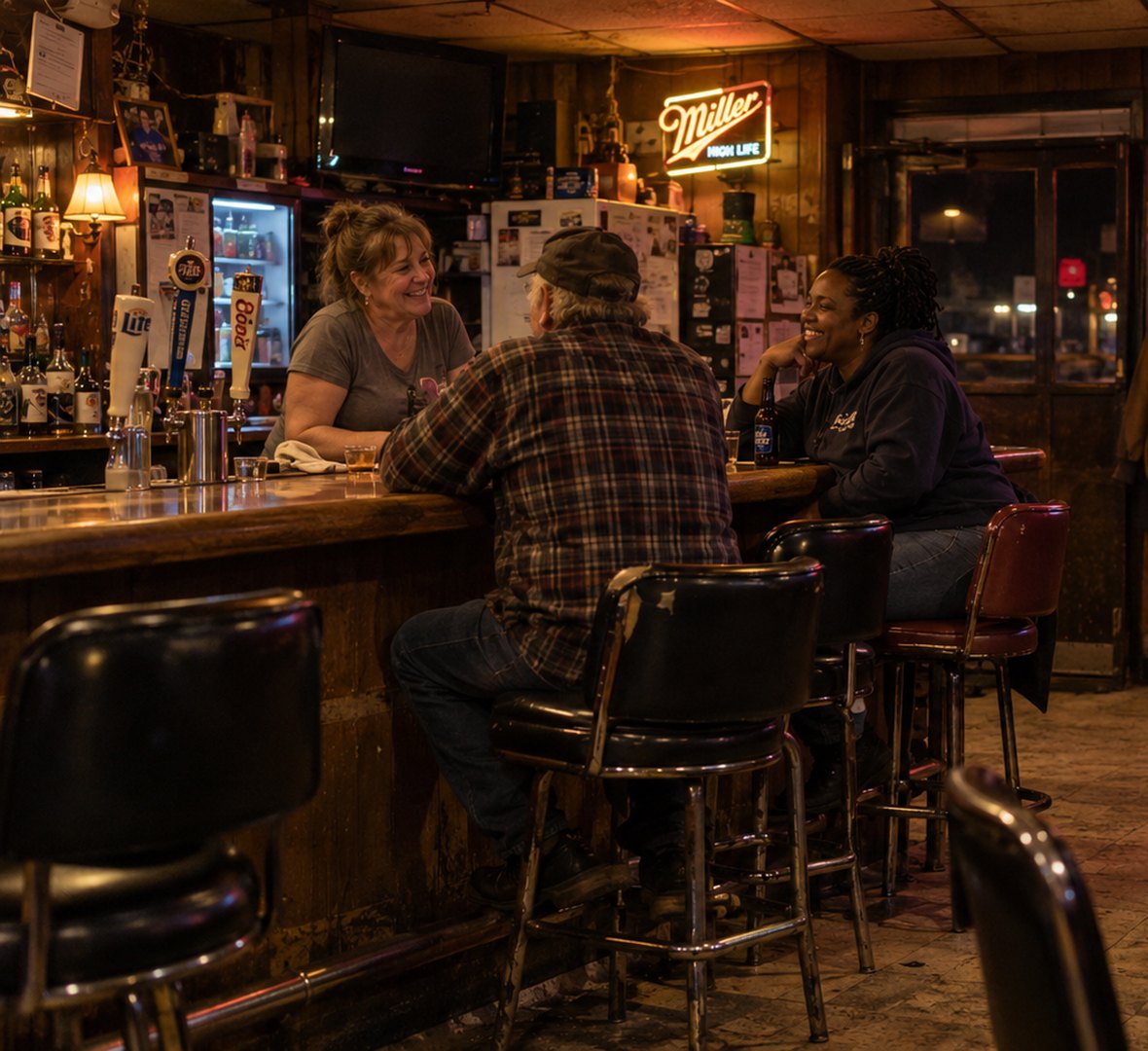 A working-class bar at night: the bartender laughing with regulars at the bar, work jackets on the hooks, two men talking over bottles at a table