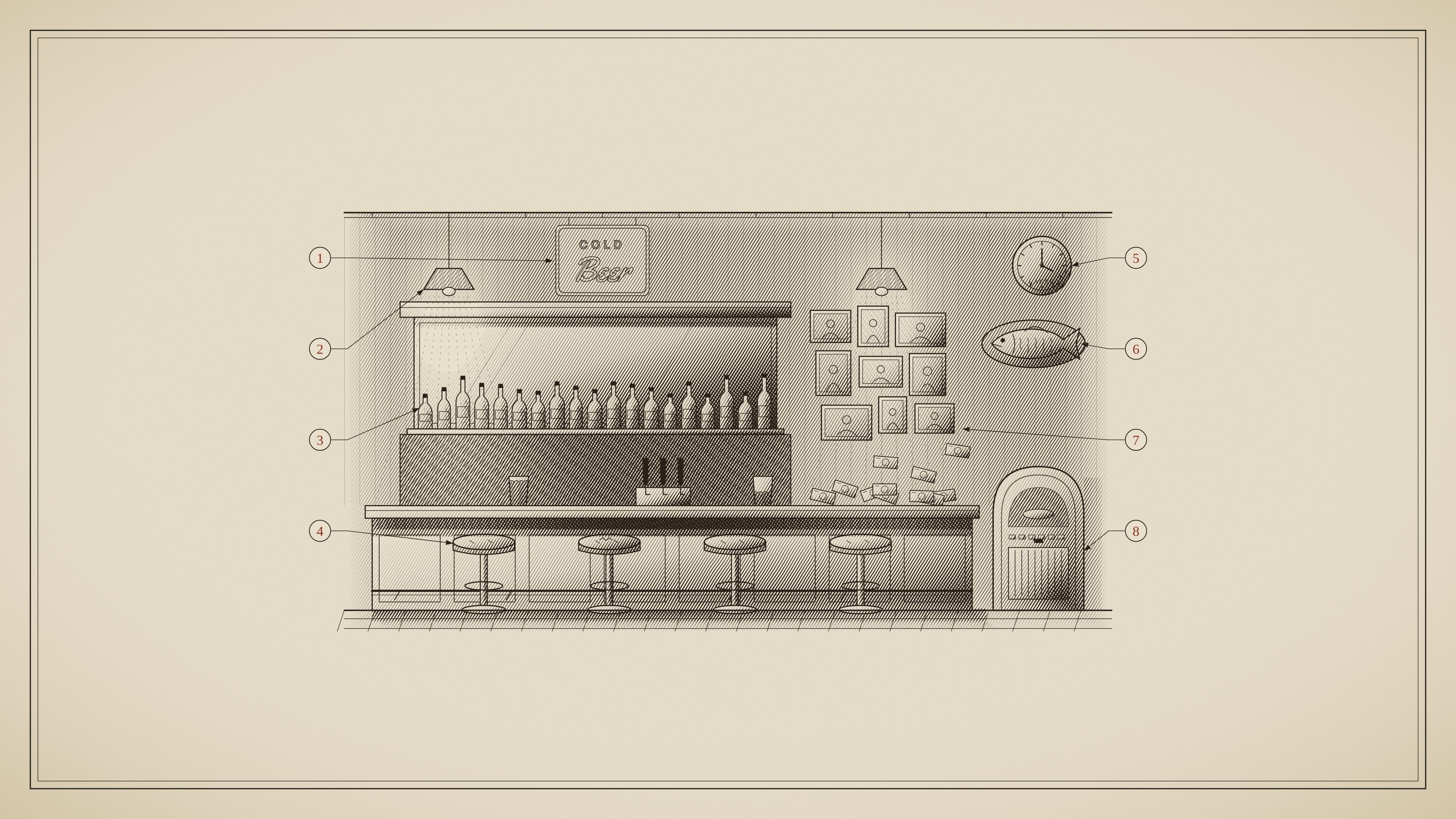 Engraved anatomical illustration of a dive bar interior in lateral section, with numbered leader lines pointing to its neon sign, lamp, bottles, stools, clock, mounted fish, photo wall and jukebox