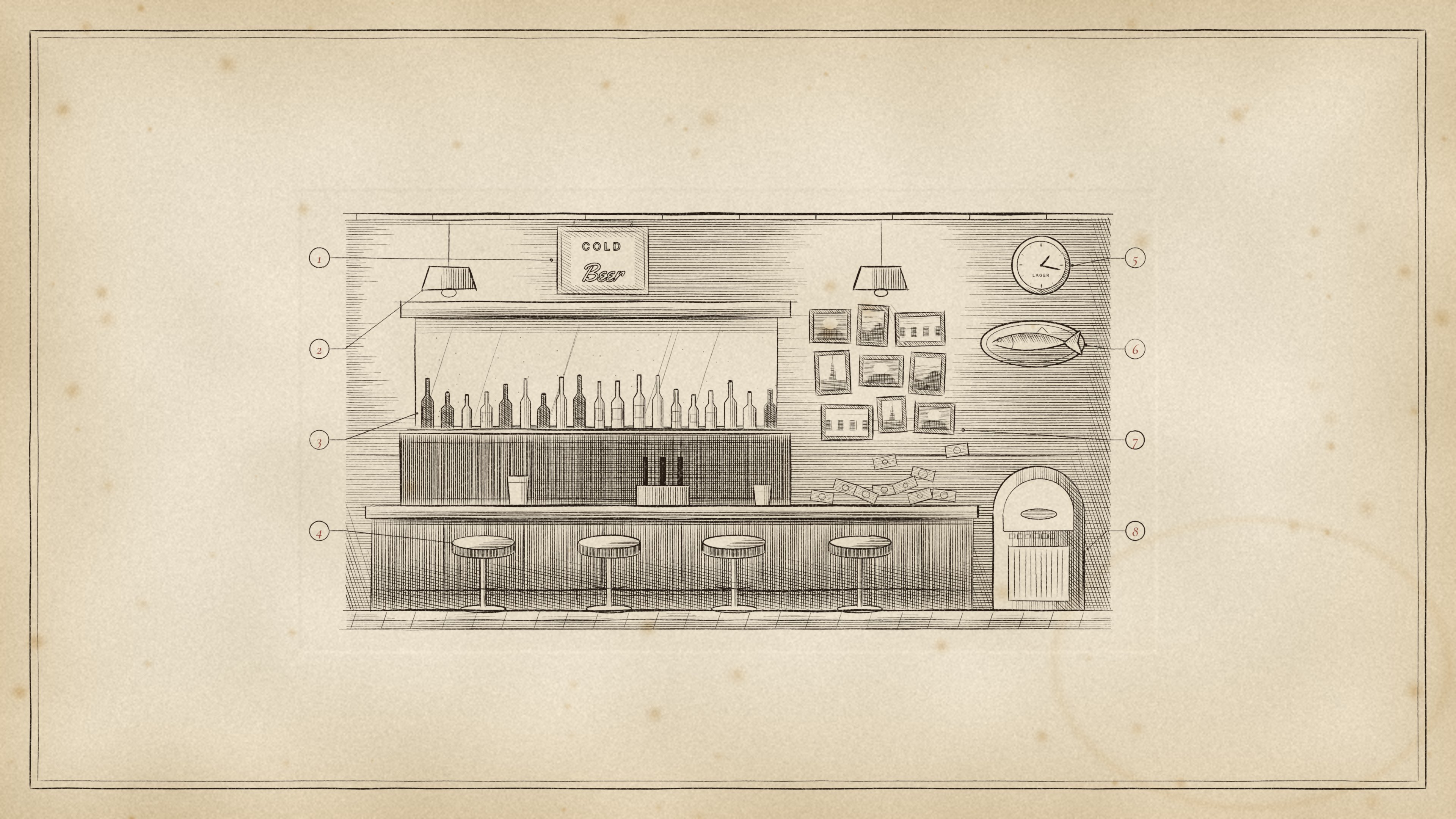 Engraved anatomical illustration of a dive bar interior in lateral section, with numbered leader lines pointing to its neon sign, lamp, bottles, stools, clock, mounted fish, photo wall and jukebox